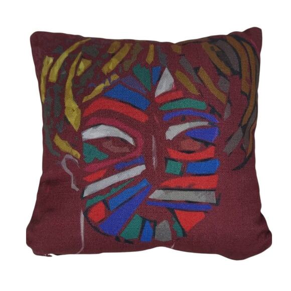 PX PIXELS Maroon Multicolor Artistic Throw Pillow Face Mask 13" x 13" - Picture 1 of 5